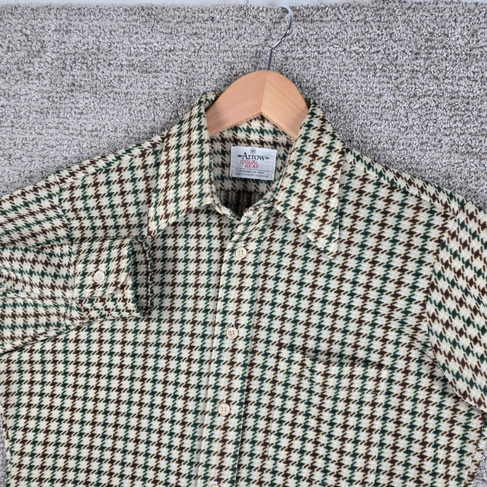 Vintage 70s Arrow Casual Wear Mens Scrambler Knit Houndstooth Shirt Brown Medium